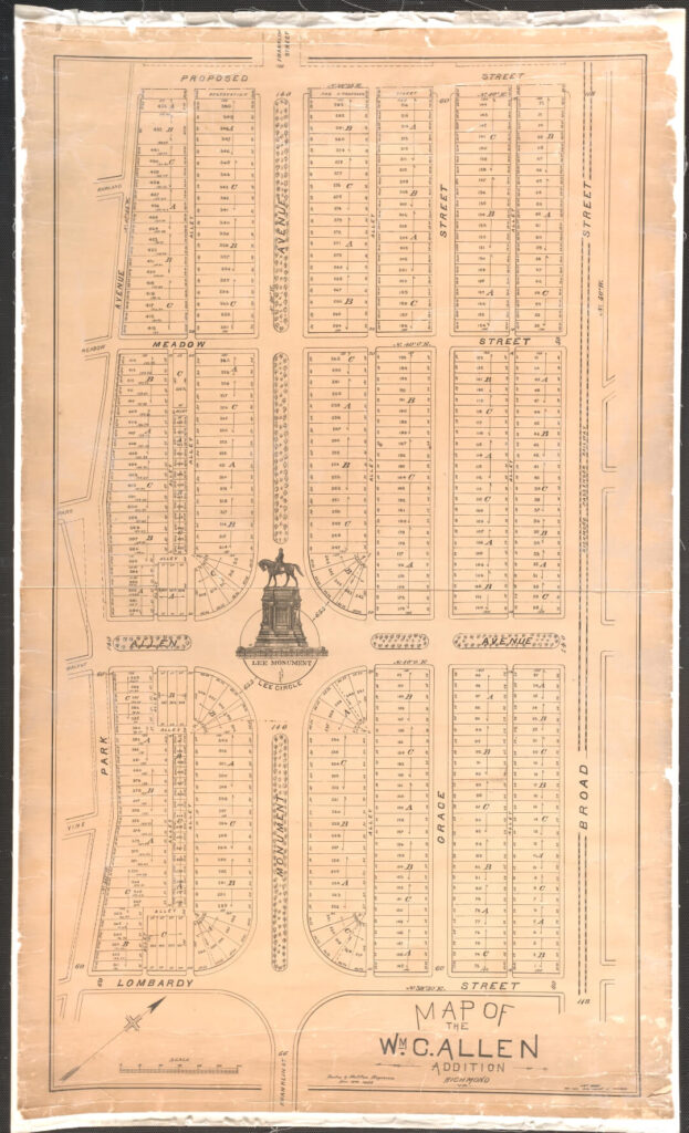 Property map showing house lots along Monument Avenue and a monument to Robert E. Lee near the middle