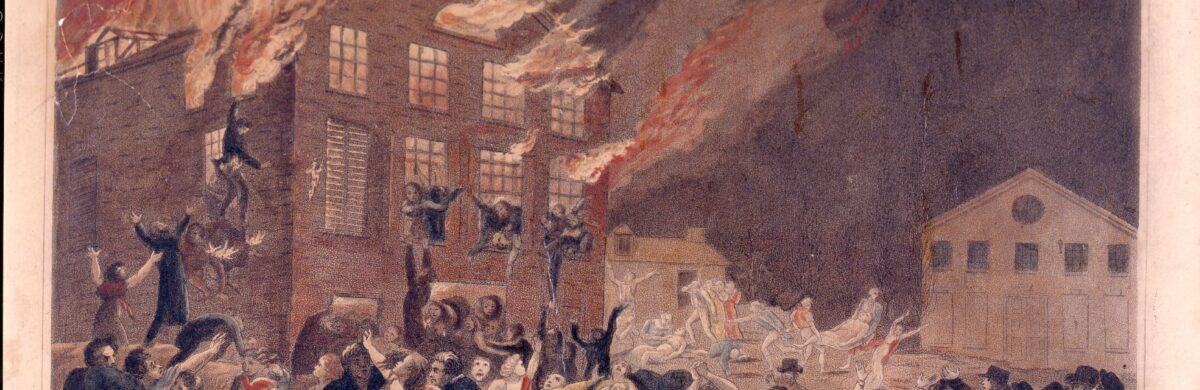 Building is on fire with flame coming out of it. People are escaping through the windows. More people are on the ground in front of the fire having already escaped. It reads below the picture 