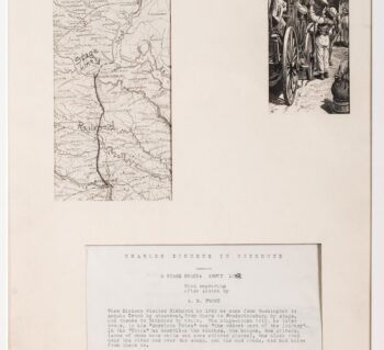 There is a map on the left that shows Dickens route from north of Fredericksburg into the city of Richmond. There is a wood engraving to the right that shows Dickens leaning out of the window of his stagecoach greating a man standing there. There is a description of the map and engraving at the bottom.