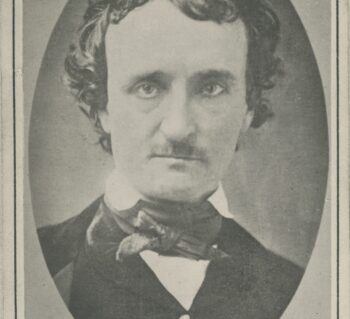 Portrait of Edgar Allan Poe. He has dark hair, a pale complexion and is wearing a black coat, white shirt and black scarf.