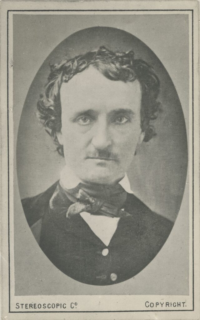 Portrait of Edgar Allan Poe. He has dark hair, a pale complexion and is wearing a black coat, white shirt and black scarf. 