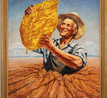 Lucky Strike Ad with a tobacco farmer holding a giant golden tobacco leaf.