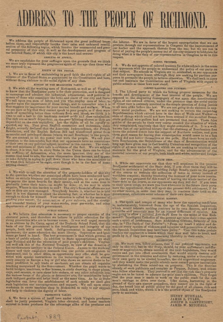 Address to the People of Richmond from Henry Hudnall, James E. Tyler, Joseph B. Garthright and James W. Mitchell. 10 points about why they should support the Readjuster Party.