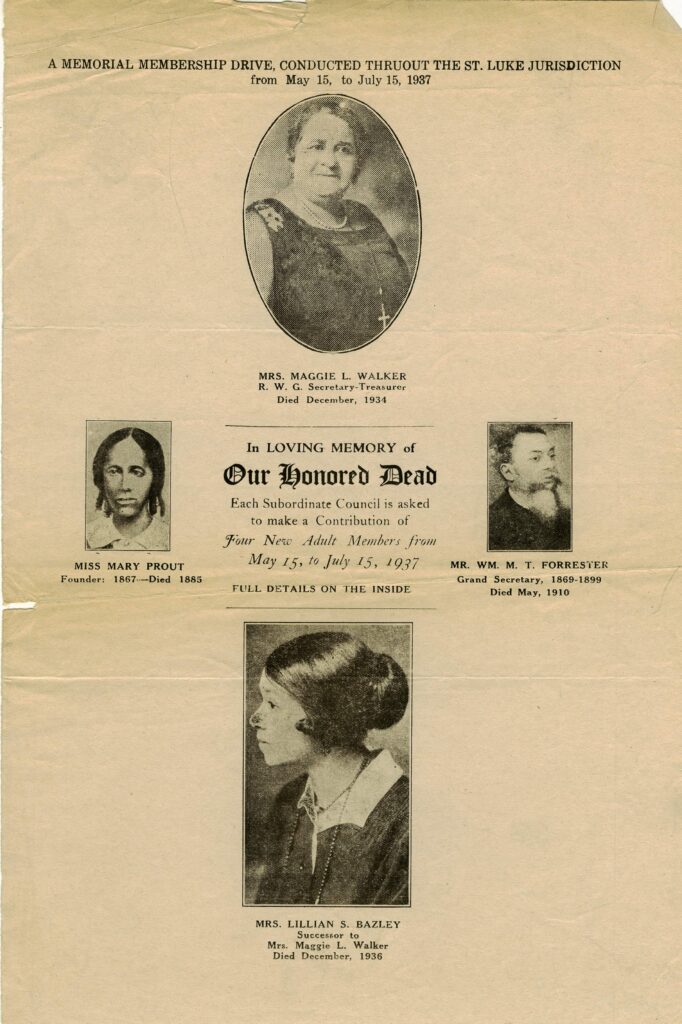 Handbill to raise money for St. Luke's. Maggie L. Walker is pictured at the top. 