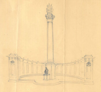 A design in pencil by Edward Valentine of the Jefferson Davis Monument with a tall pillar surrounded by lowered colonnade and a seated figure of Davis in the middle.