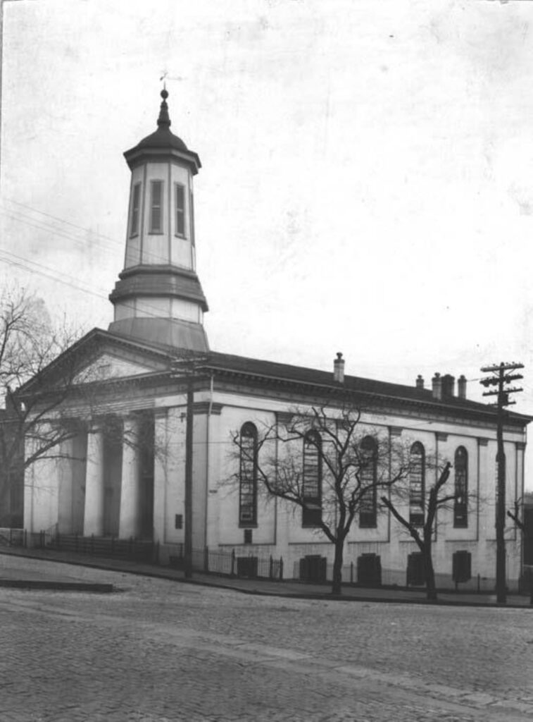Black and white photograph of the exterior of the First African Baptist Church at College and Broad Streets in downtown Richmond, Virginia.