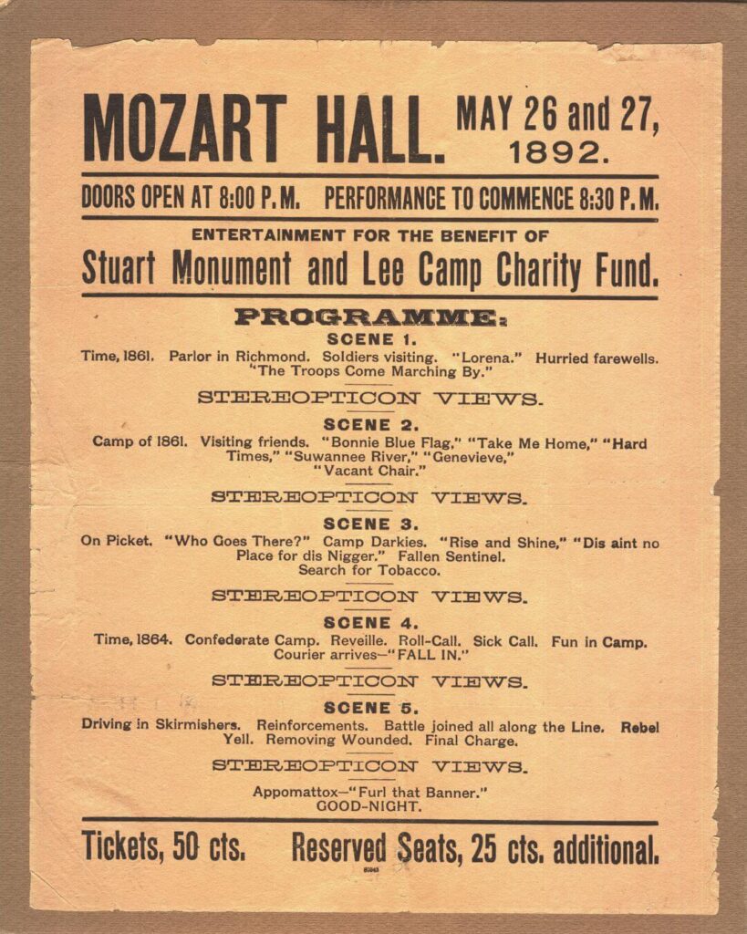 List of musical performances on May 26 and 27, 1892, at Mozart Hall in Richmond for a benefit concert supporting the Stuart Monument and Lee Camp Charity Fund.