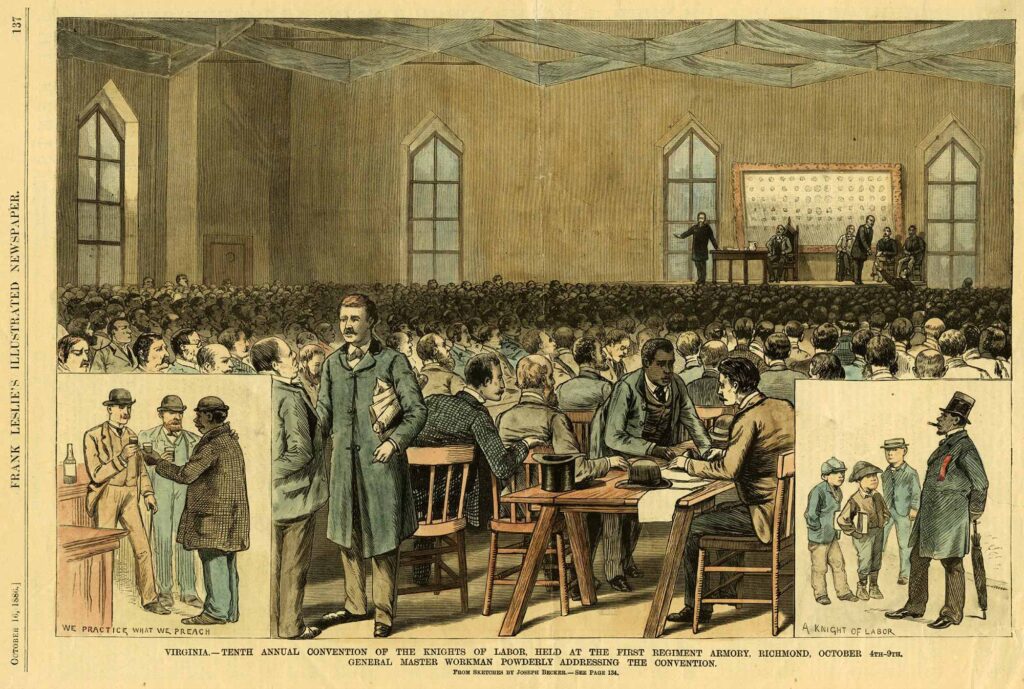 Newspaper image from Frank Leslie's Illustrated Newspaper. Large gathering of men all seated with 6 men on stage. One man is addressing the crowd.