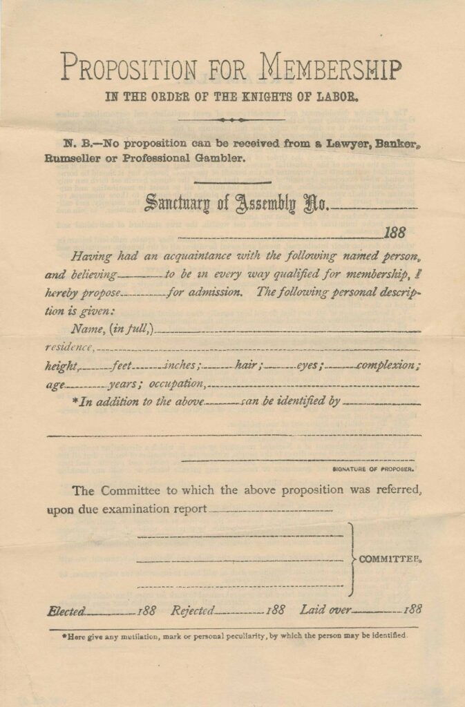 Proposition for Membership in the Order of the Knights of Labor form.