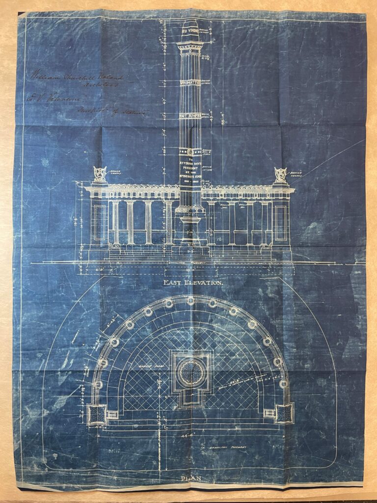 Blue and white plans showing a pillar surrounded by a colonnade from the front and top.