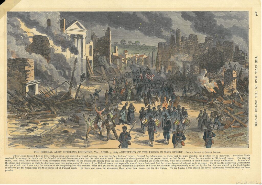 Postcard of troops entering a burning Richmond with two American flags. It reads "The Federal Army Entering Richmond, VA, April, 3, 1865--Reception of the Troops in Main Street--From a sketch by Joseph Becker."