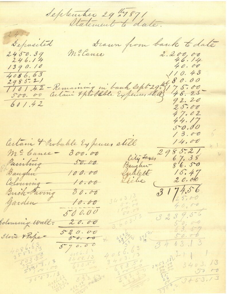 List of costs associated with renovating the carriage house into a studio, September 29, 1871.