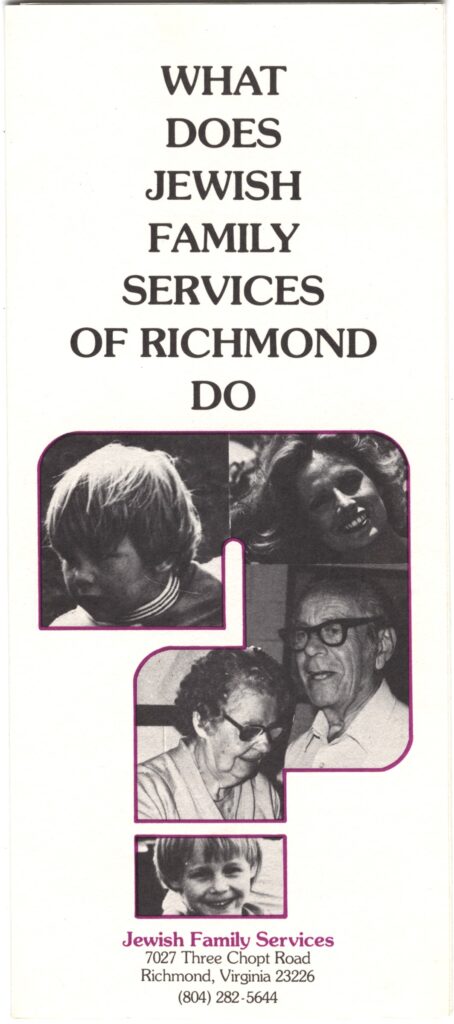 Pamphlet for Jewish Family Services that reads "What does Jewish Family Services of Richmond Do" with headshots of two children, two women and a man.