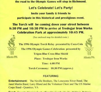 Handbill announcing a party to celebrate the torch coming through Richmond on the night of June 21, 1996.