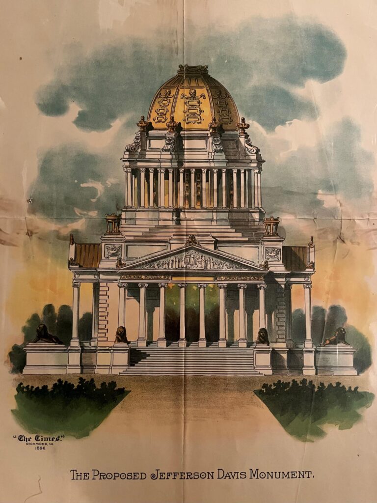 Romanesque temple design in a park with “The Times, Richmond, VA, 1896” in the lower left and “The Proposed Jefferson Davis Monument” across the bottom.