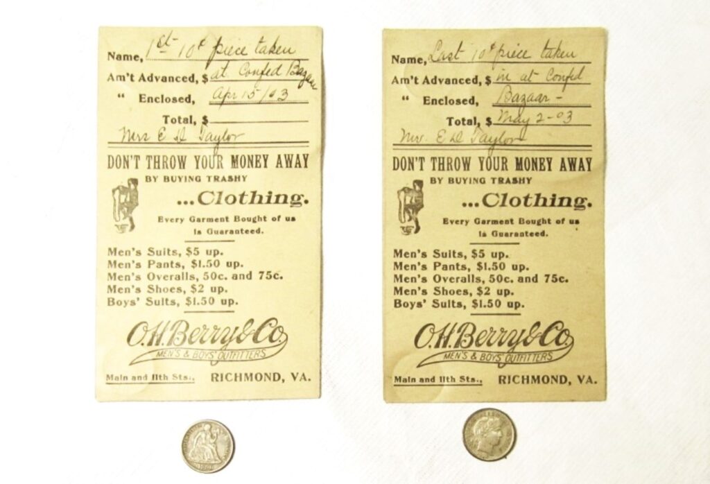 First and last ten-cent pieces raised at the 1903 Confederate Bazaar supporting the Jefferson Davis Monument fund with their envelopes from Berry & Co.